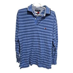 Tommy Hilfiger Men’s Large Blue Striped Rugby Polo Long Sleeve Shirt